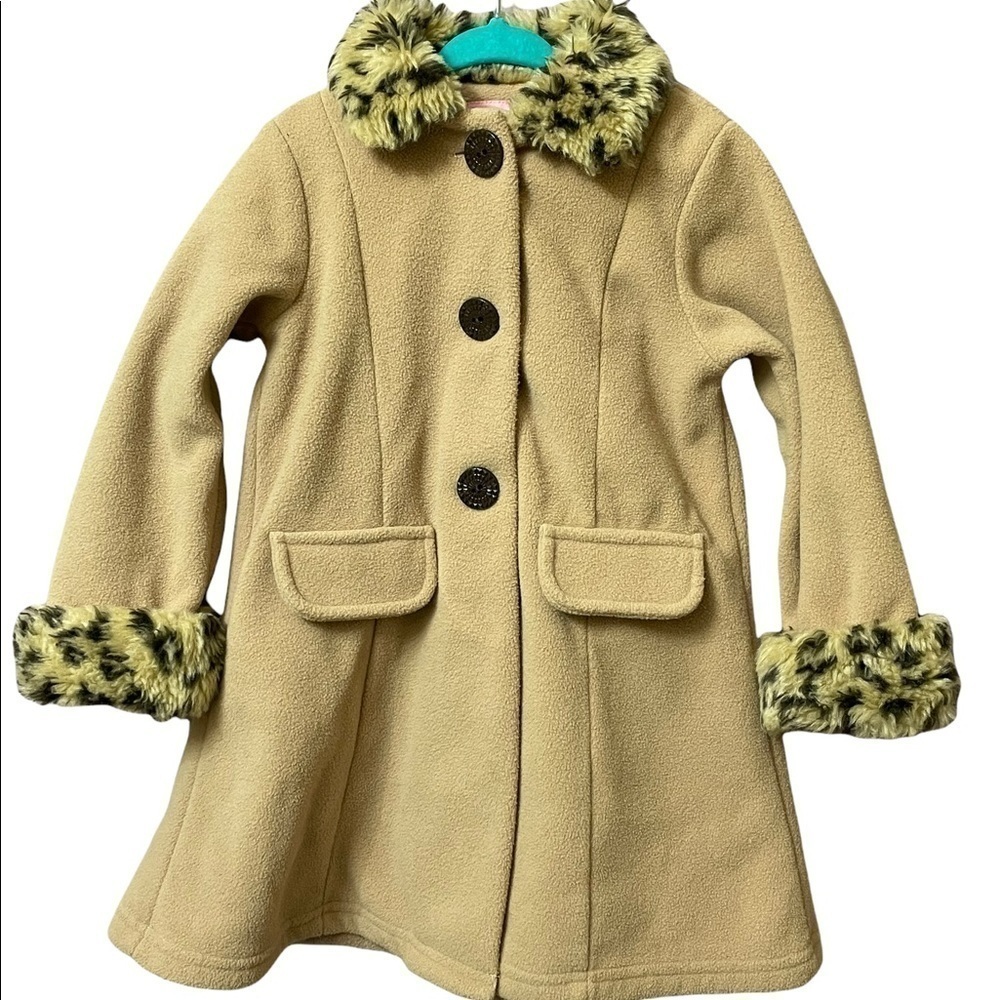 Goodlad GIRLS winter dress camel pea coat faux leopard trim collar/cuffs 3T